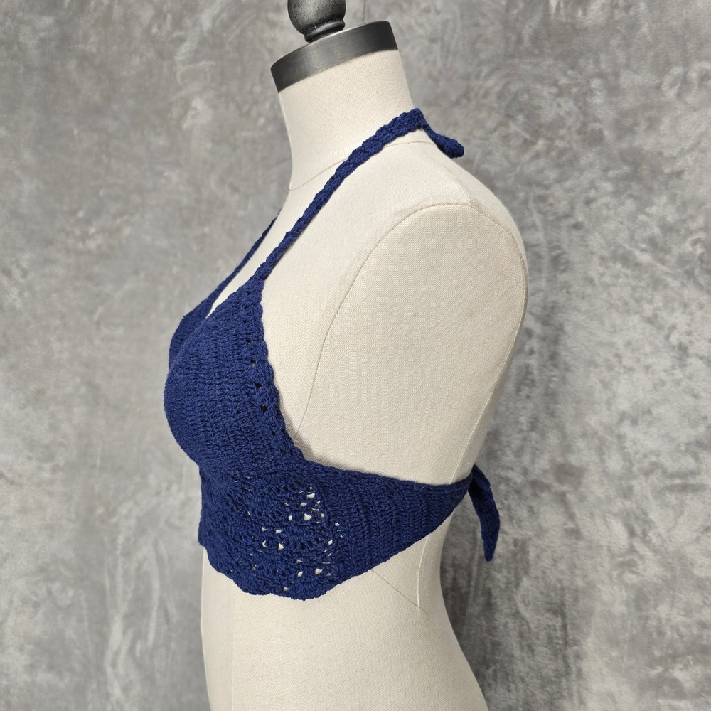 Handmade Crochet Halter‎ L Crop Top Navy Blue Cotton Knit Boho Bralette Festival - Picture 2 of 10